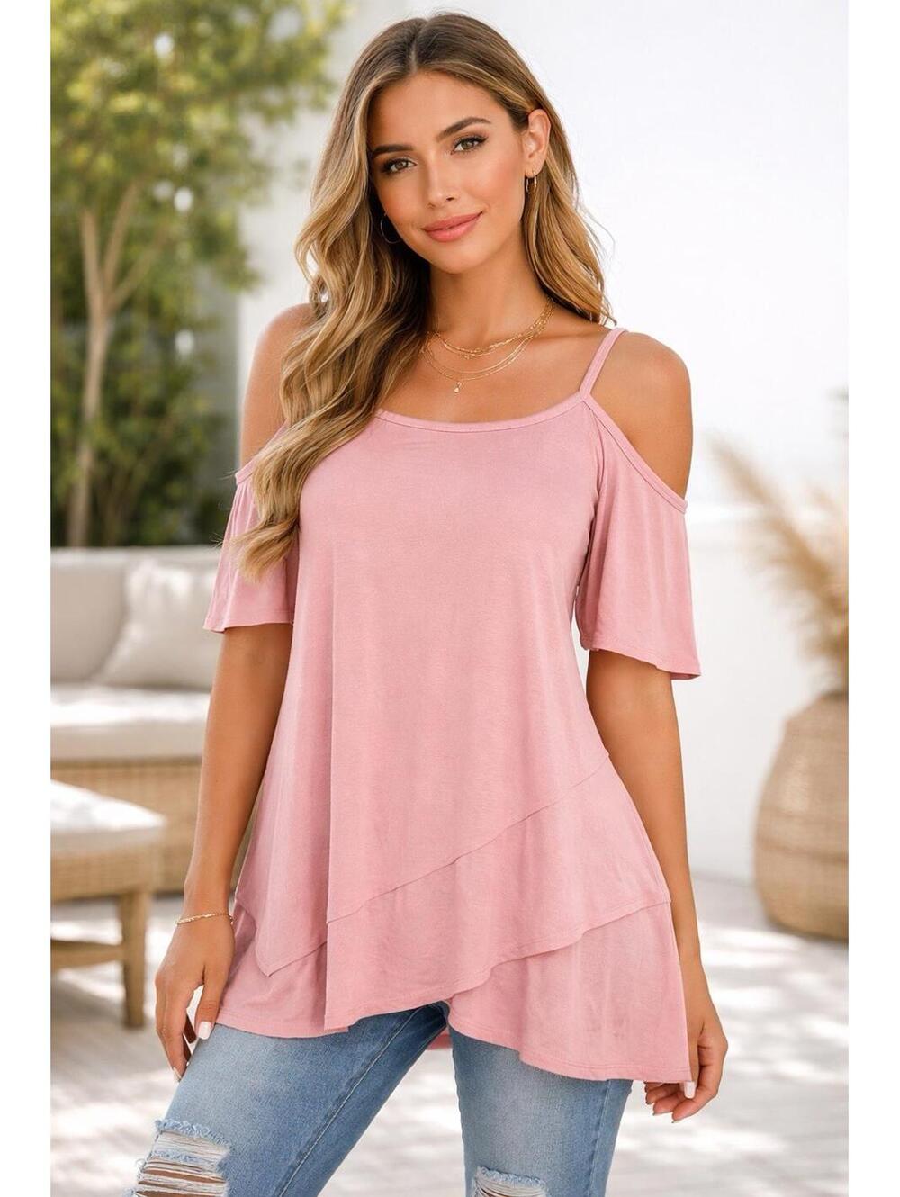 MTS Green Bamboo Cold Shoulder Top Pink Layered Tunic Blouse M NWT A9